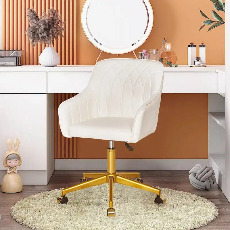 Height-Adjustable 360° Swivel Home Office Chair with Gold Metal Base & PU Leather Seat
