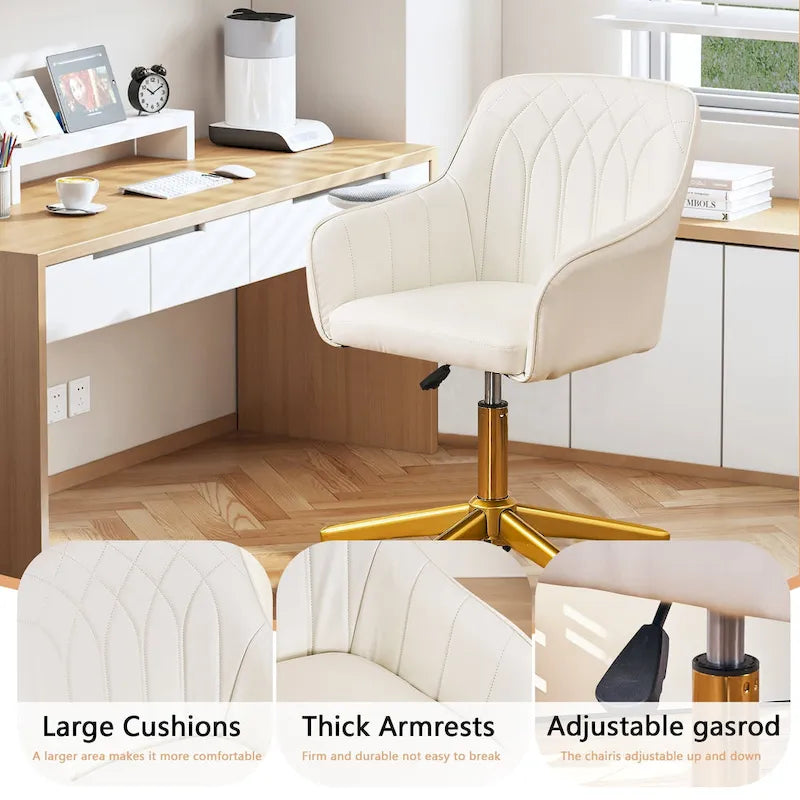 Height-Adjustable 360° Swivel Home Office Chair with Gold Metal Base & PU Leather Seat