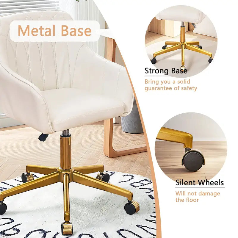 Height-Adjustable 360° Swivel Home Office Chair with Gold Metal Base & PU Leather Seat