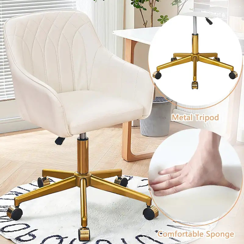 Height-Adjustable 360° Swivel Home Office Chair with Gold Metal Base & PU Leather Seat