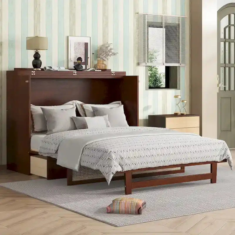 Queen Size Cabinet Bed with Rattan Decoration and Storage Drawer