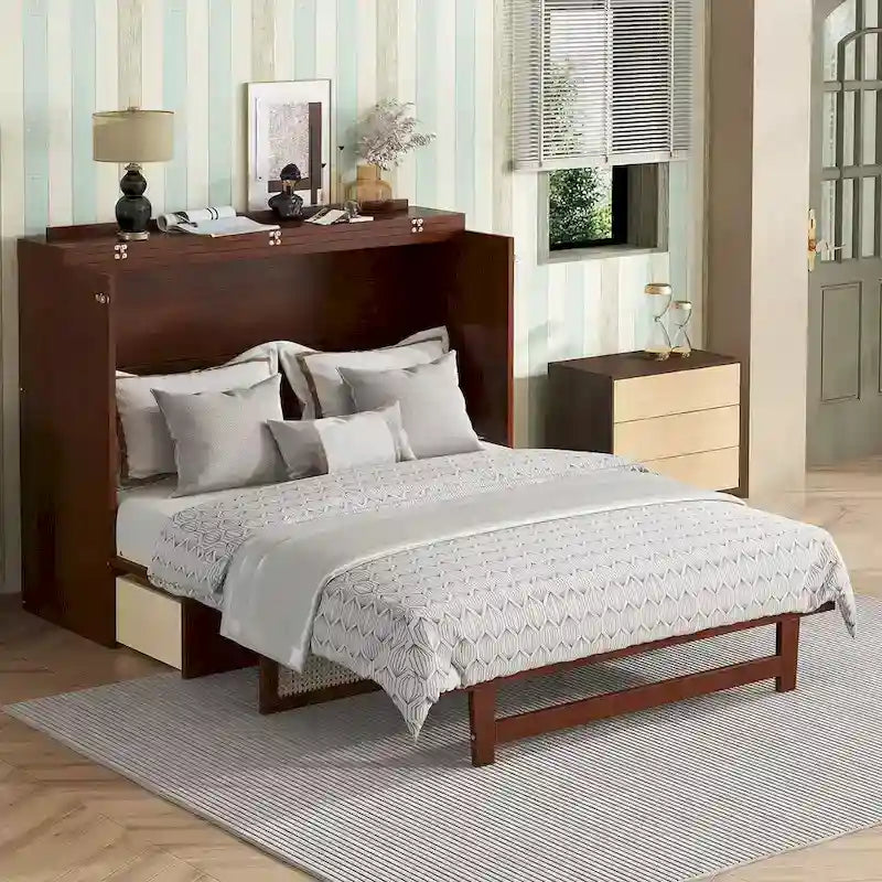 Queen Size Cabinet Bed with Rattan Decoration and Storage Drawer