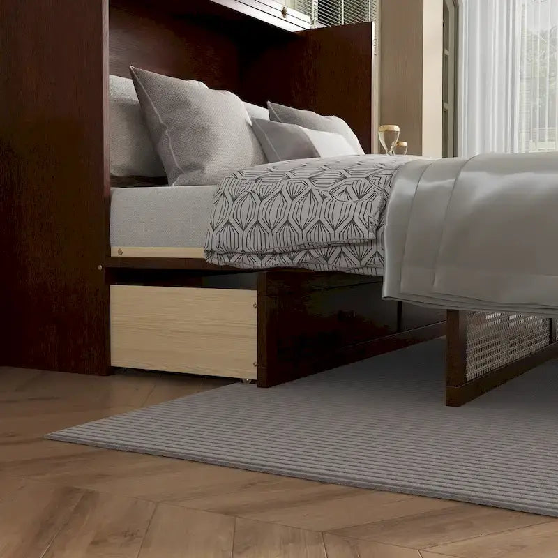 Queen Size Cabinet Bed with Rattan Decoration and Storage Drawer