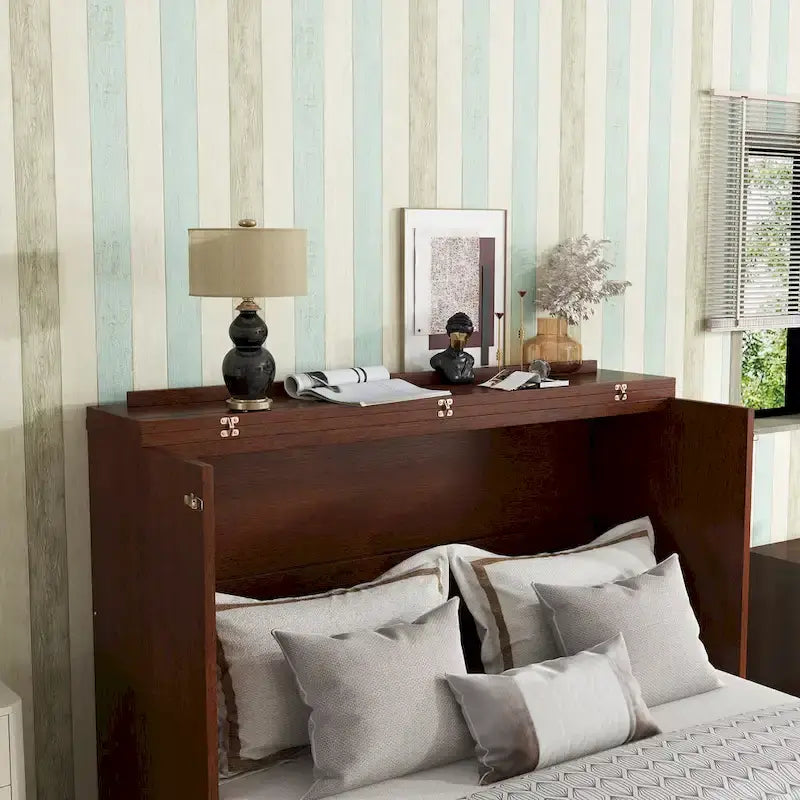 Queen Size Cabinet Bed with Rattan Decoration and Storage Drawer