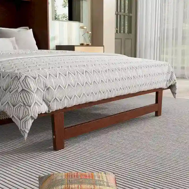 Queen Size Cabinet Bed with Rattan Decoration and Storage Drawer
