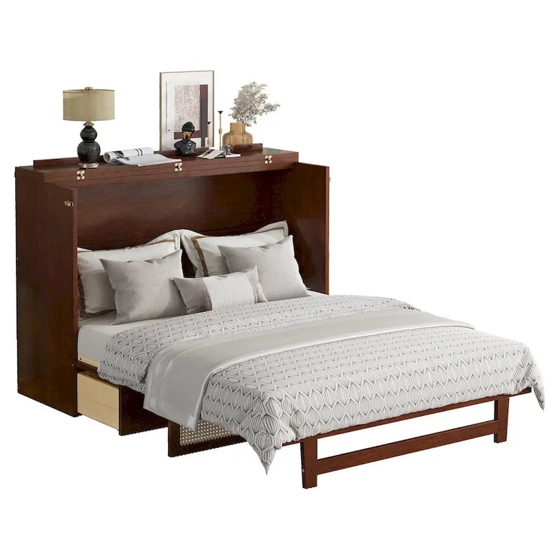 Queen Size Cabinet Bed with Rattan Decoration and Storage Drawer