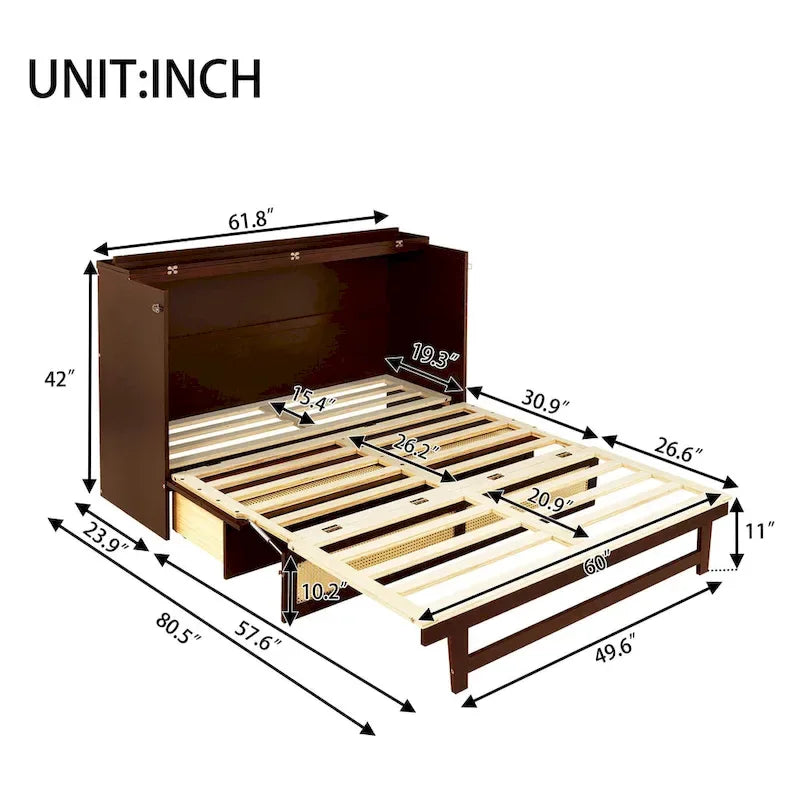 Queen Size Cabinet Bed with Rattan Decoration and Storage Drawer