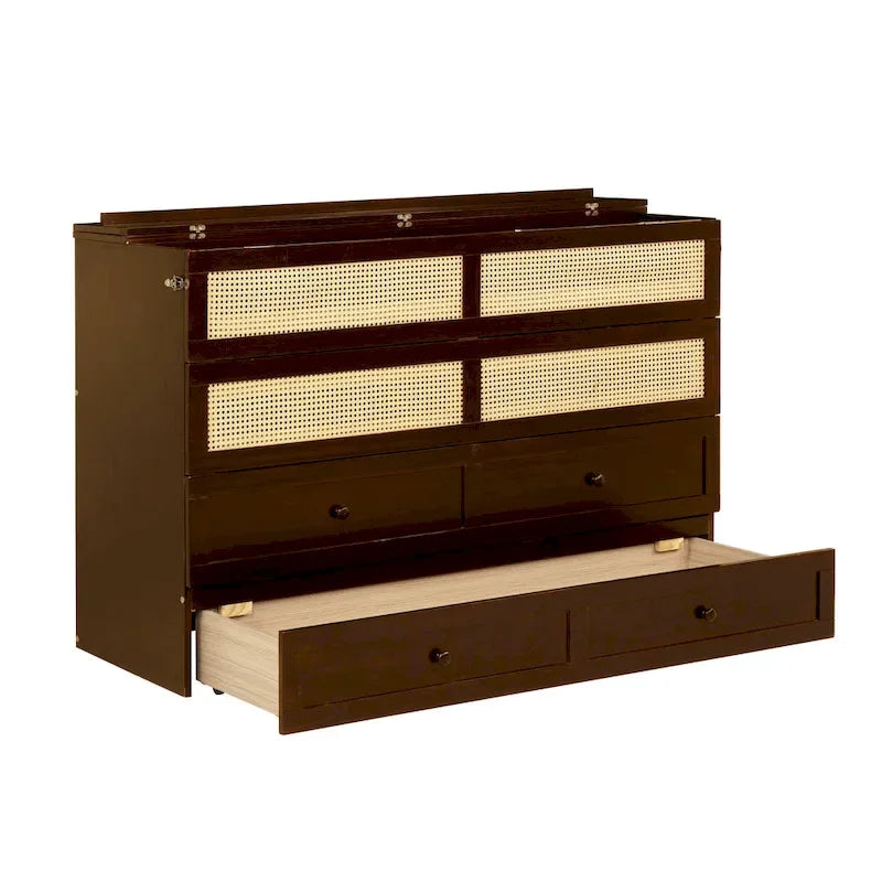 Queen Size Cabinet Bed with Rattan Decoration and Storage Drawer