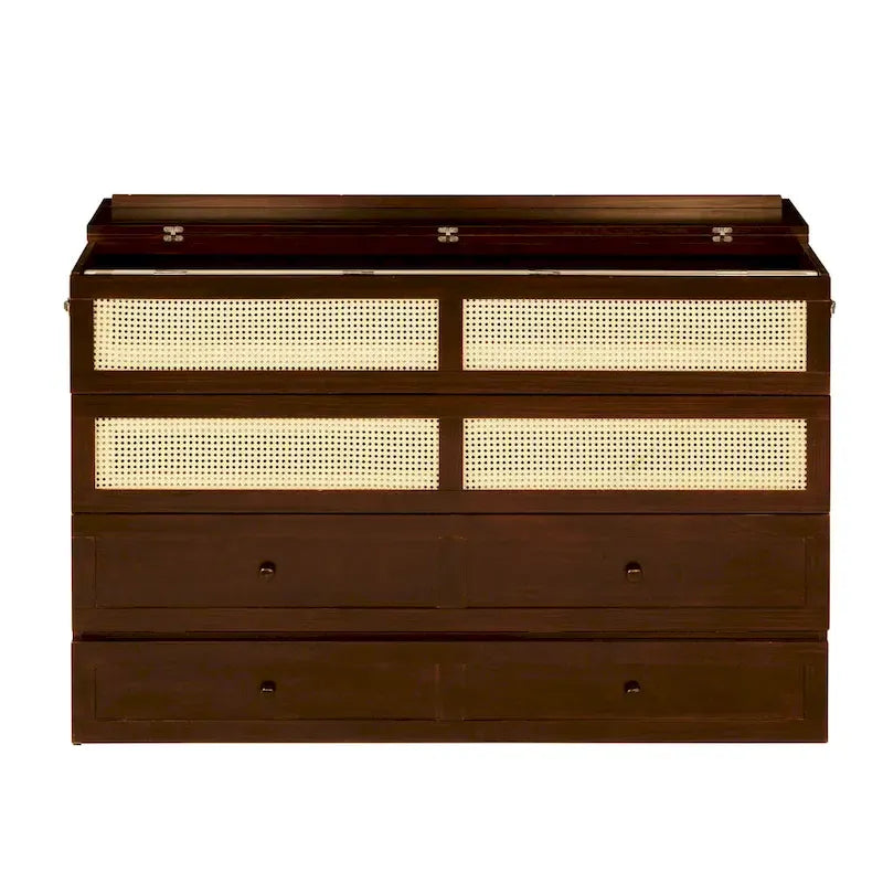 Queen Size Cabinet Bed with Rattan Decoration and Storage Drawer