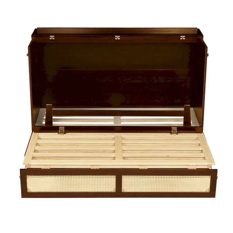 Queen Size Cabinet Bed with Rattan Decoration and Storage Drawer