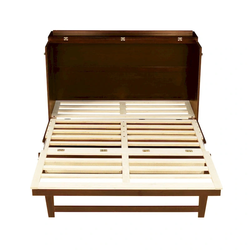 Queen Size Cabinet Bed with Rattan Decoration and Storage Drawer