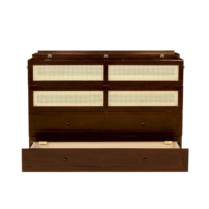Queen Size Cabinet Bed with Rattan Decoration and Storage Drawer