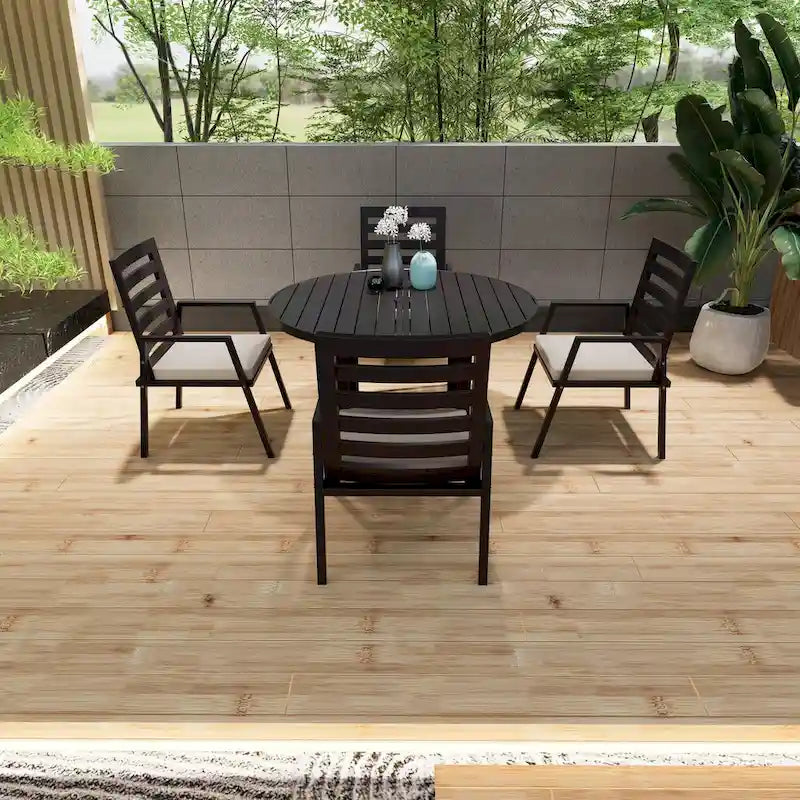 Powder-Coated Aluminum Round Outdoor Dining Table with Slatted Top & Umbrella Hole