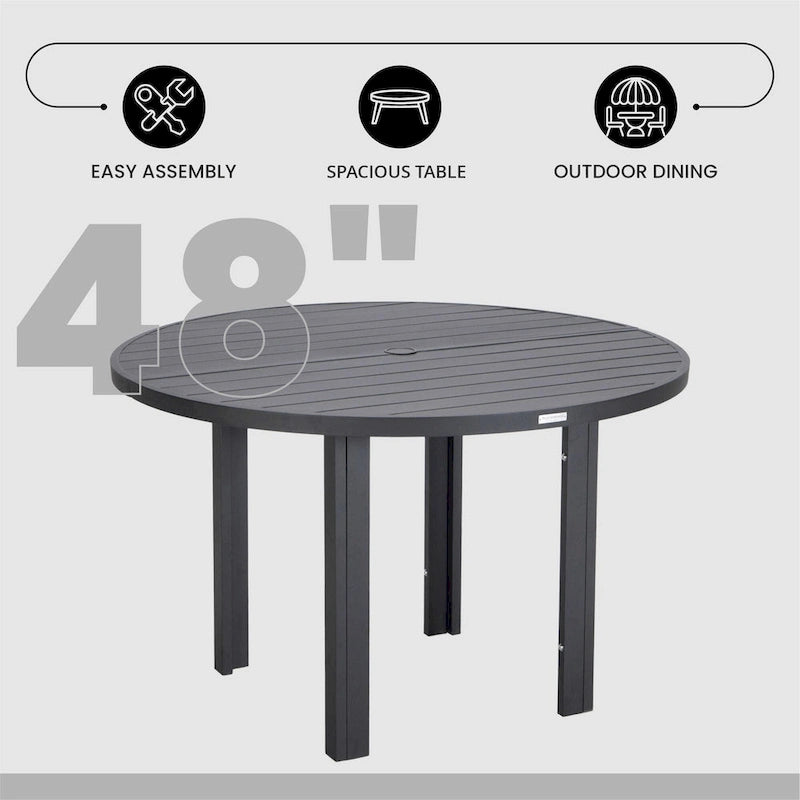 Powder-Coated Aluminum Round Outdoor Dining Table with Slatted Top & Umbrella Hole