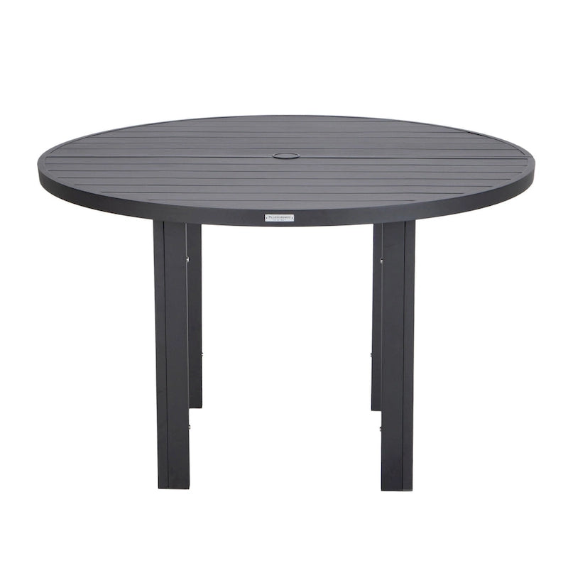 Powder-Coated Aluminum Round Outdoor Dining Table with Slatted Top & Umbrella Hole