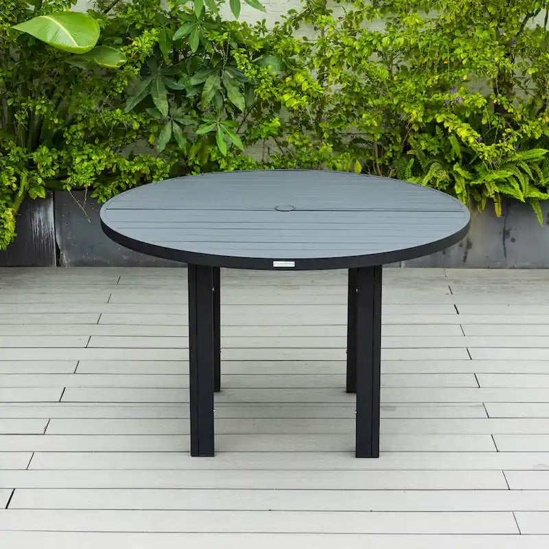 Powder-Coated Aluminum Round Outdoor Dining Table with Slatted Top & Umbrella Hole