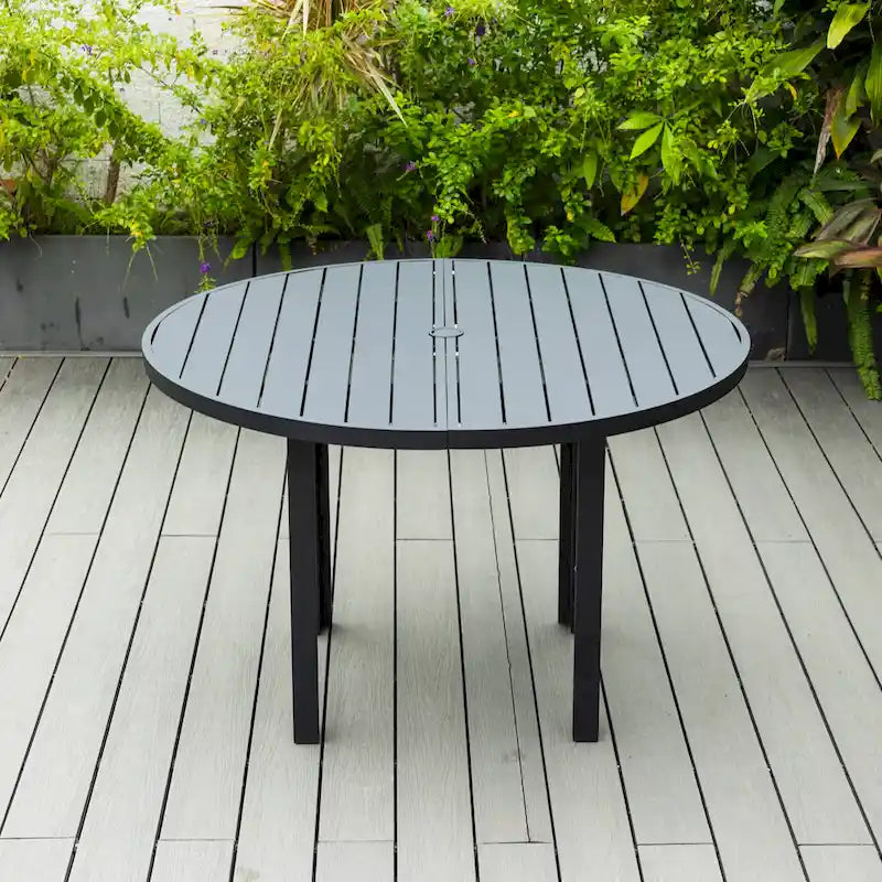 Powder-Coated Aluminum Round Outdoor Dining Table with Slatted Top & Umbrella Hole
