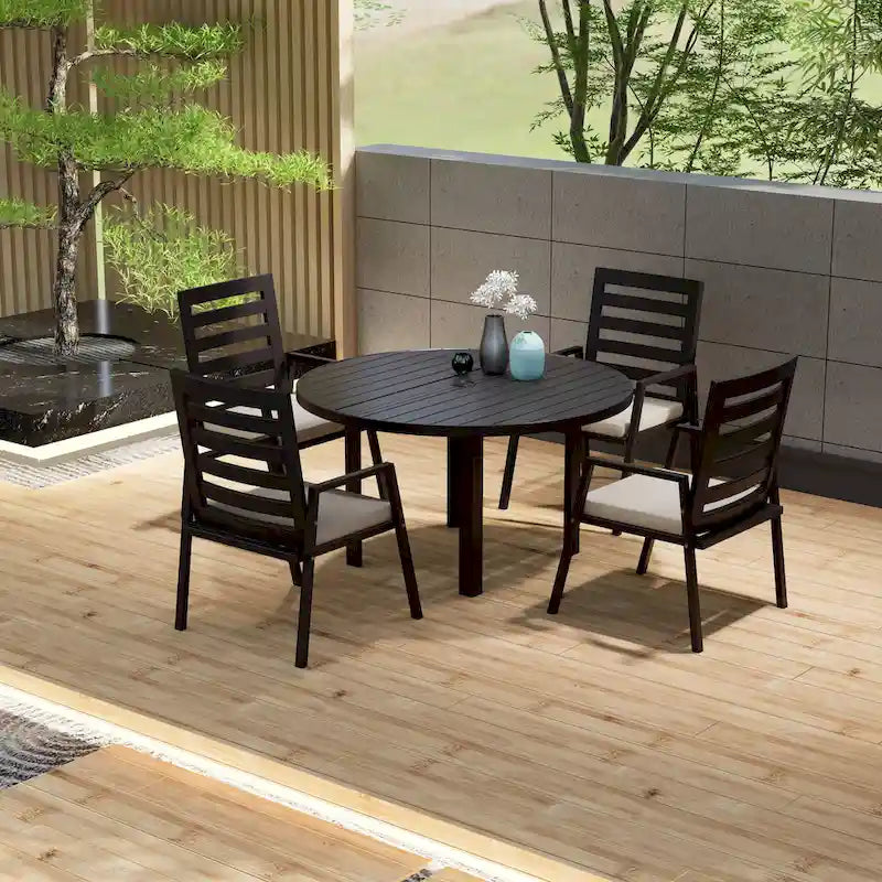 Powder-Coated Aluminum Round Outdoor Dining Table with Slatted Top & Umbrella Hole