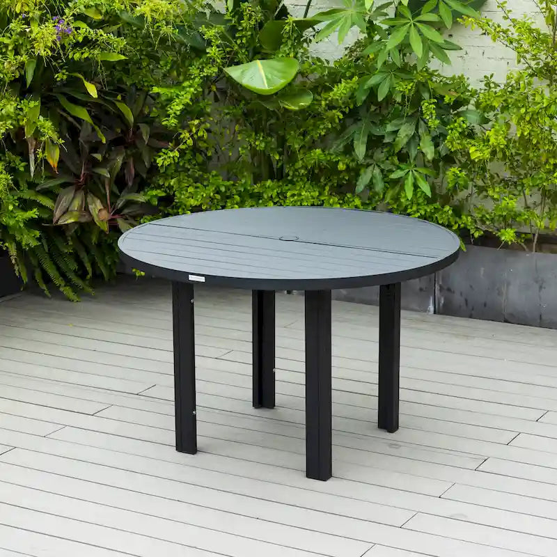 Powder-Coated Aluminum Round Outdoor Dining Table with Slatted Top & Umbrella Hole
