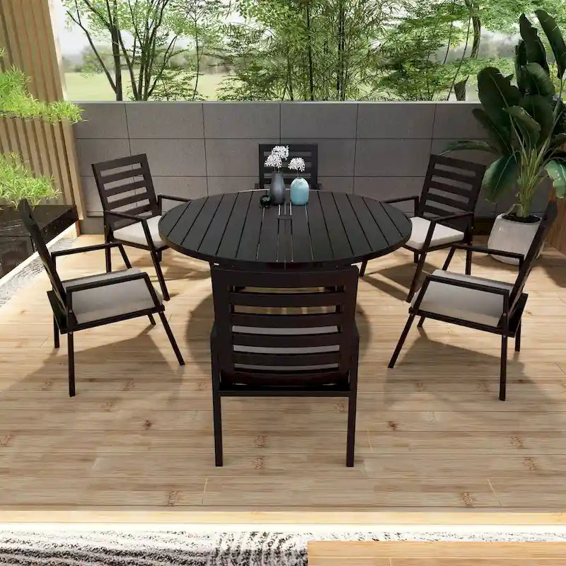 Powder-Coated Aluminum Round Outdoor Dining Table with Slatted Top & Umbrella Hole