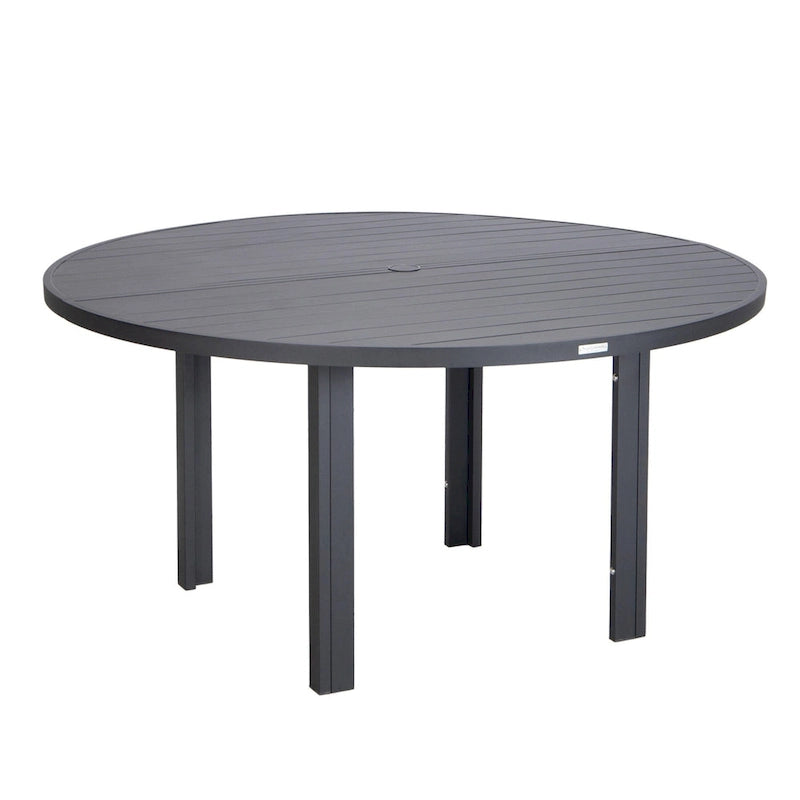 Powder-Coated Aluminum Round Outdoor Dining Table with Slatted Top & Umbrella Hole