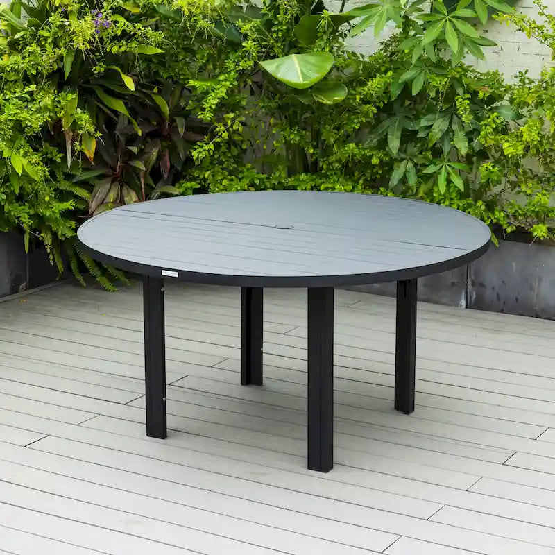 Powder-Coated Aluminum Round Outdoor Dining Table with Slatted Top & Umbrella Hole