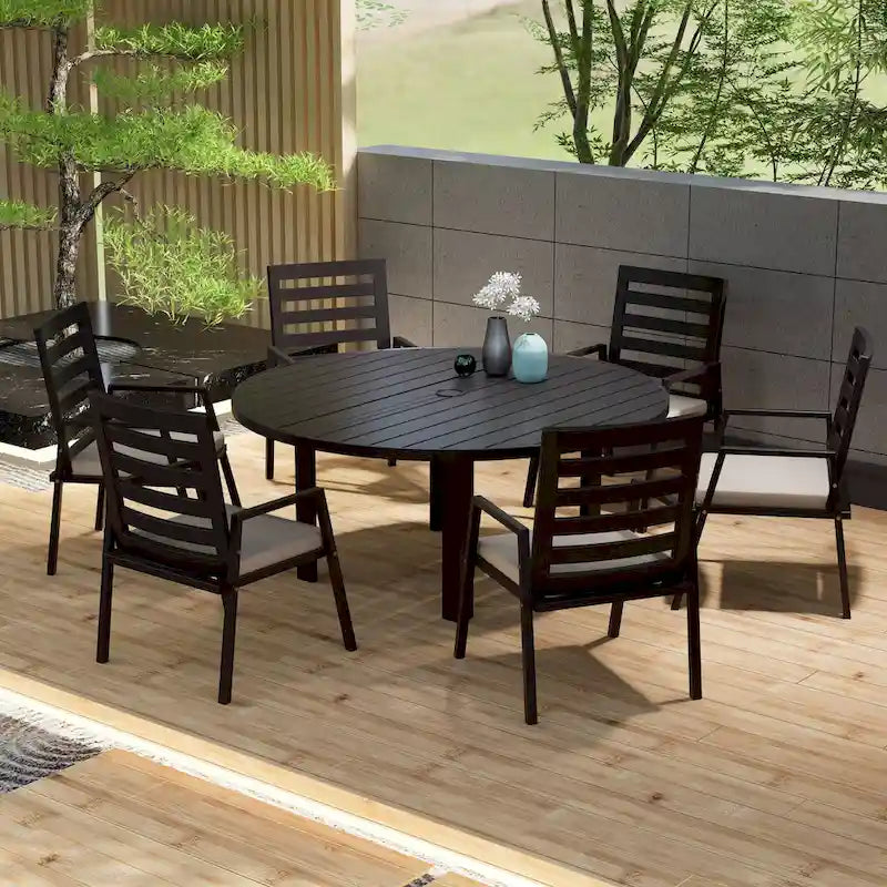 Powder-Coated Aluminum Round Outdoor Dining Table with Slatted Top & Umbrella Hole
