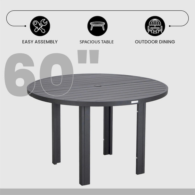 Powder-Coated Aluminum Round Outdoor Dining Table with Slatted Top & Umbrella Hole