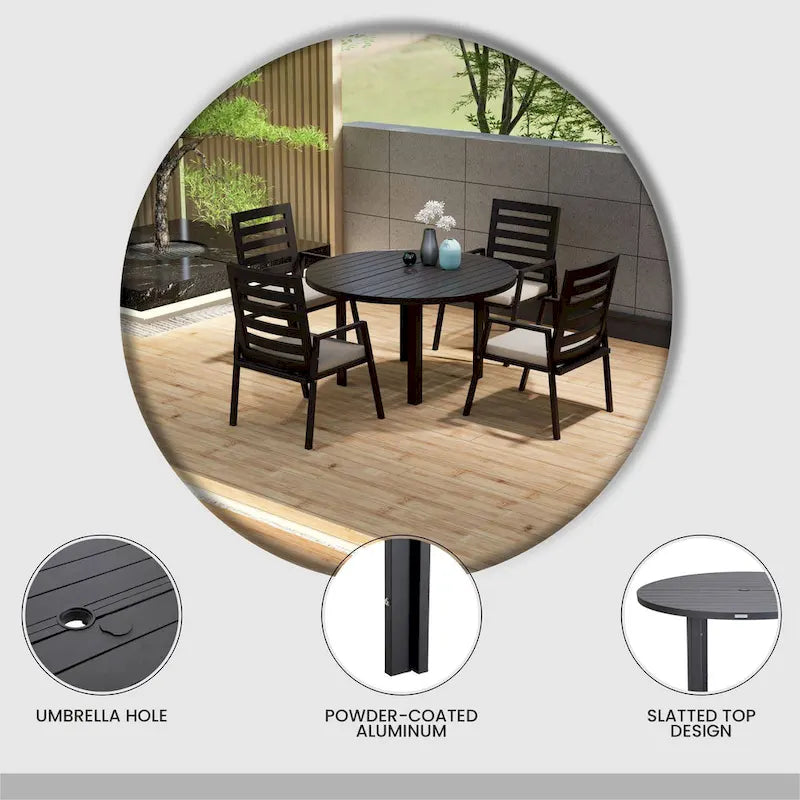Powder-Coated Aluminum Round Outdoor Dining Table with Slatted Top & Umbrella Hole