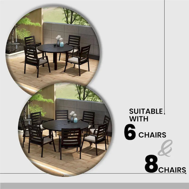 Powder-Coated Aluminum Round Outdoor Dining Table with Slatted Top & Umbrella Hole