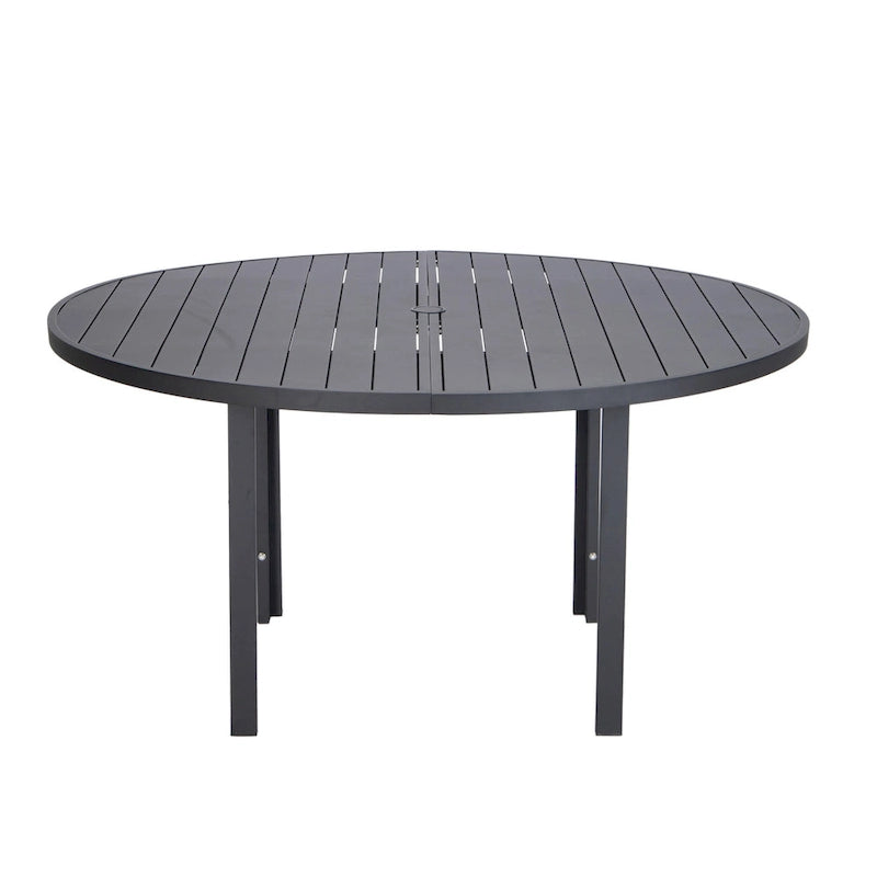 Powder-Coated Aluminum Round Outdoor Dining Table with Slatted Top & Umbrella Hole