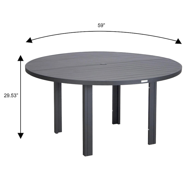 Powder-Coated Aluminum Round Outdoor Dining Table with Slatted Top & Umbrella Hole
