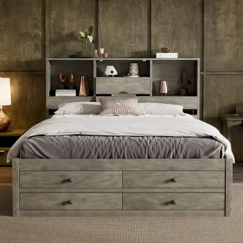 Queen Size Platform Bed with Storage Headboard and 8 Drawers — Pine Wood