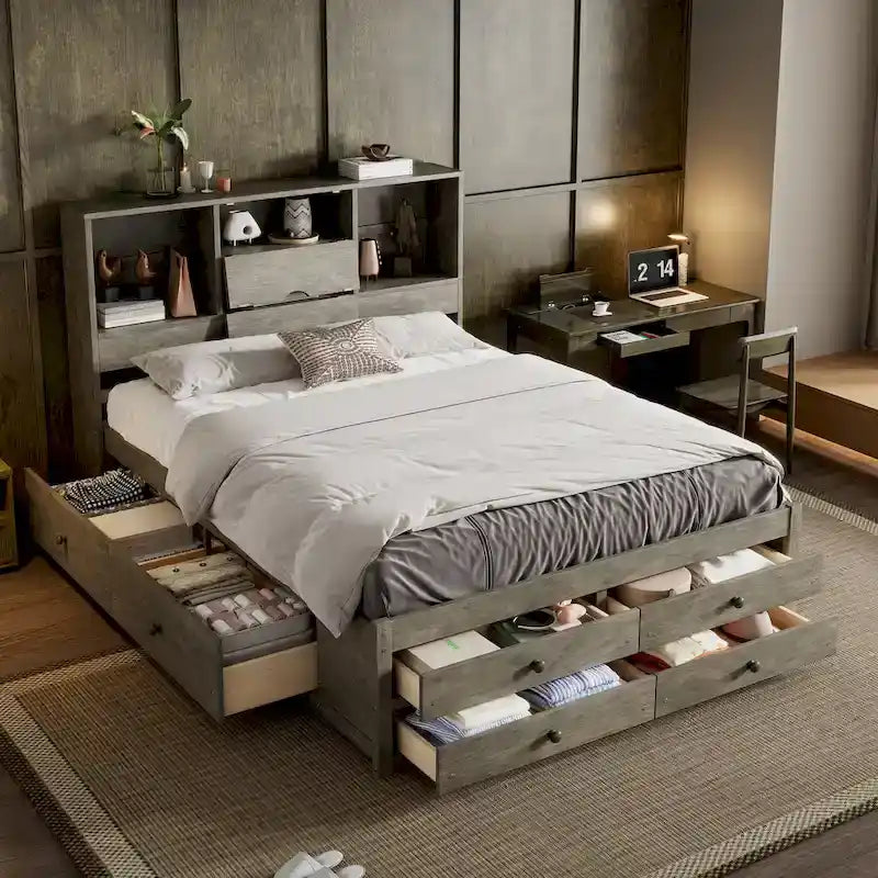 Queen Size Platform Bed with Storage Headboard and 8 Drawers — Pine Wood