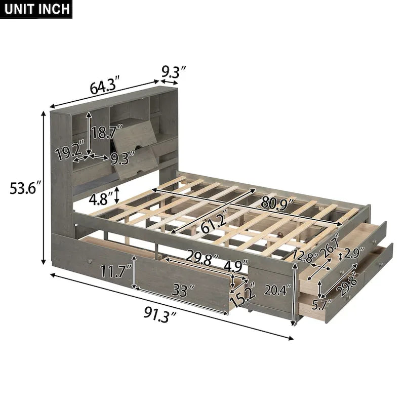 Queen Size Platform Bed with Storage Headboard and 8 Drawers — Pine Wood