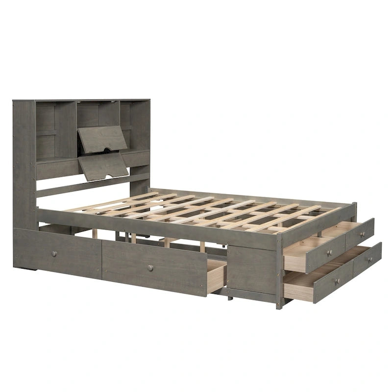 Queen Size Platform Bed with Storage Headboard and 8 Drawers — Pine Wood