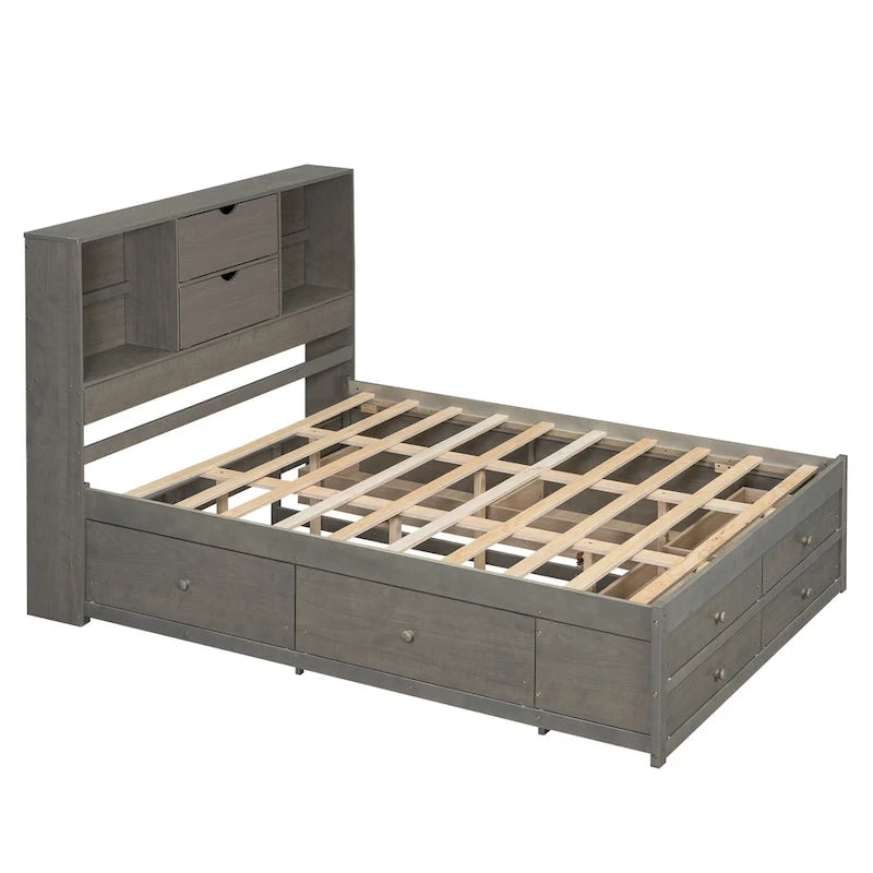 Queen Size Platform Bed with Storage Headboard and 8 Drawers — Pine Wood