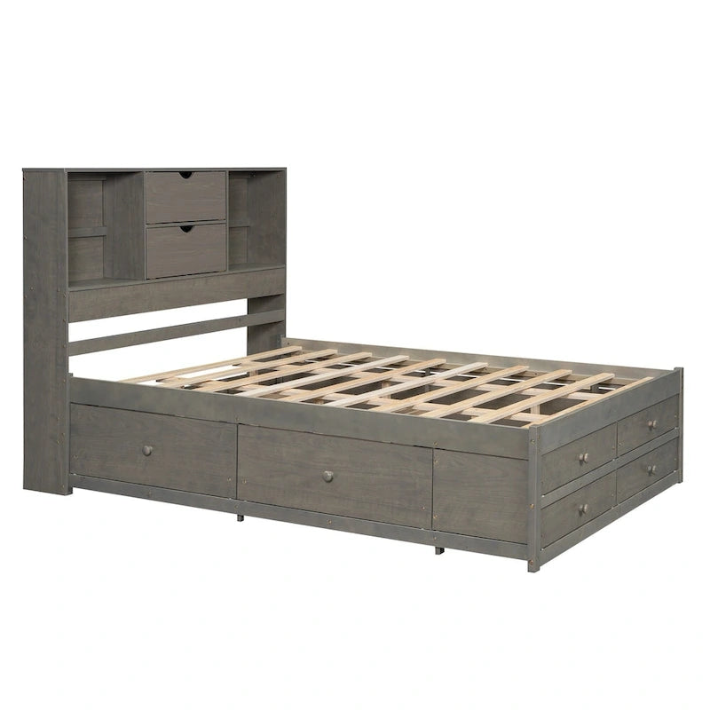 Queen Size Platform Bed with Storage Headboard and 8 Drawers — Pine Wood