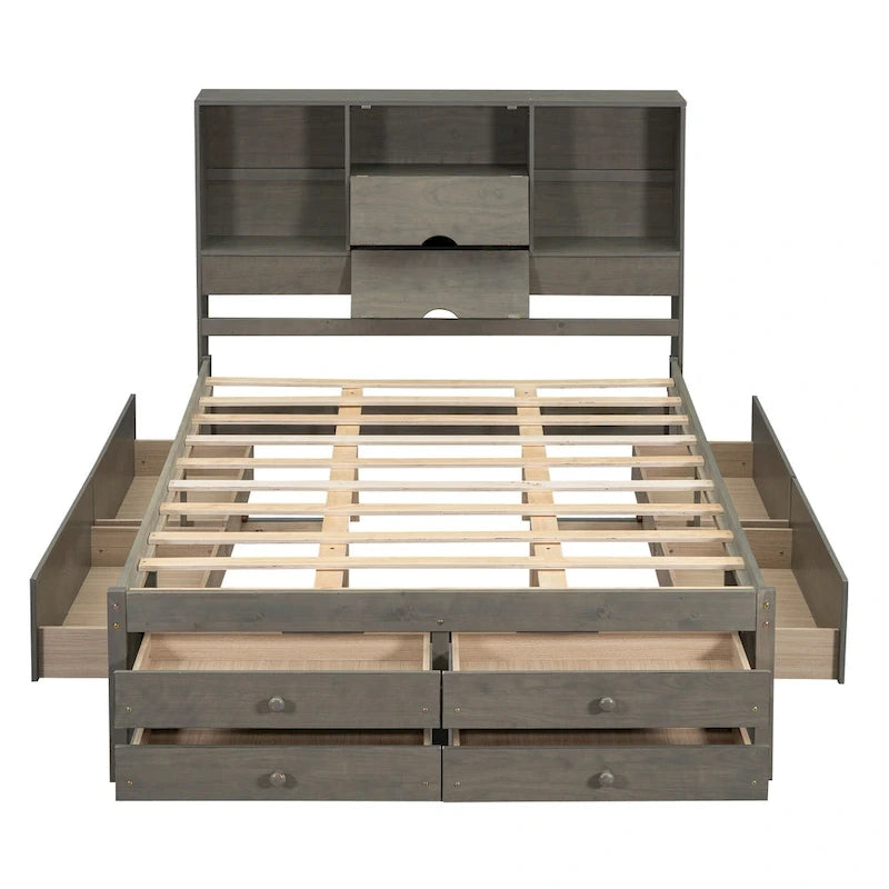 Queen Size Platform Bed with Storage Headboard and 8 Drawers — Pine Wood