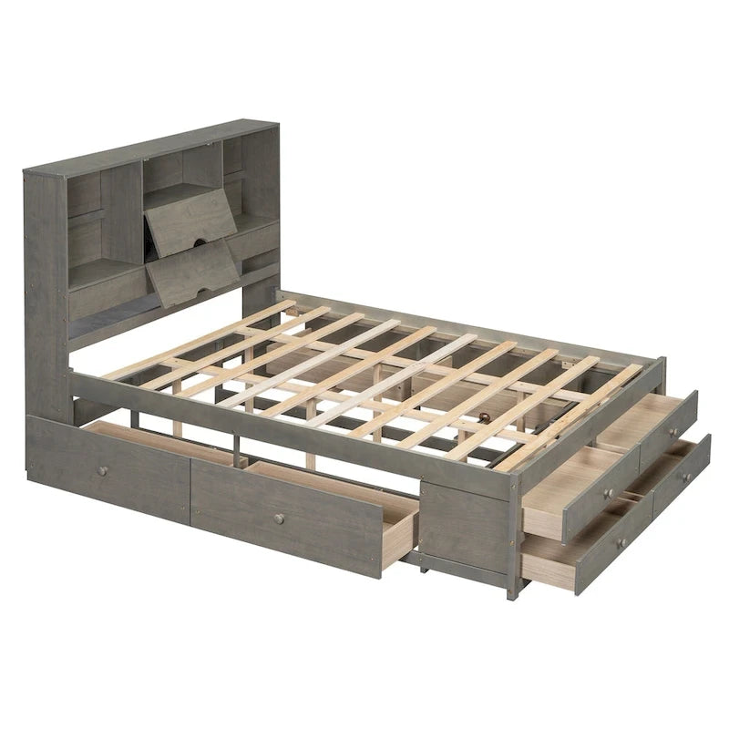 Queen Size Platform Bed with Storage Headboard and 8 Drawers — Pine Wood