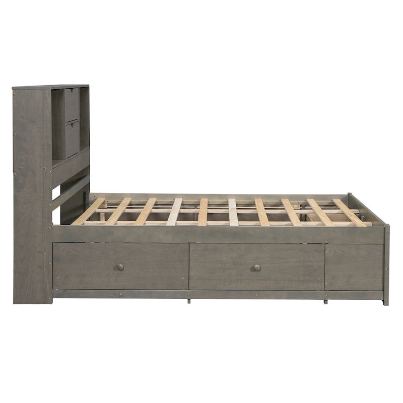 Queen Size Platform Bed with Storage Headboard and 8 Drawers — Pine Wood