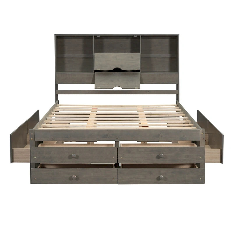 Queen Size Platform Bed with Storage Headboard and 8 Drawers — Pine Wood