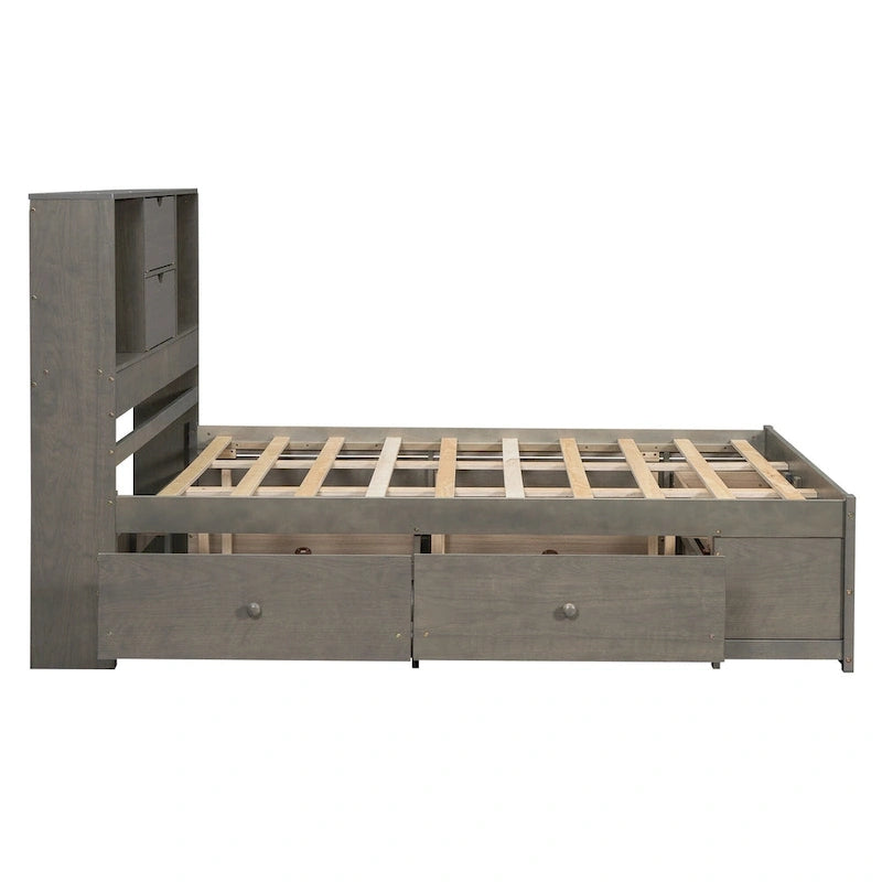 Queen Size Platform Bed with Storage Headboard and 8 Drawers — Pine Wood