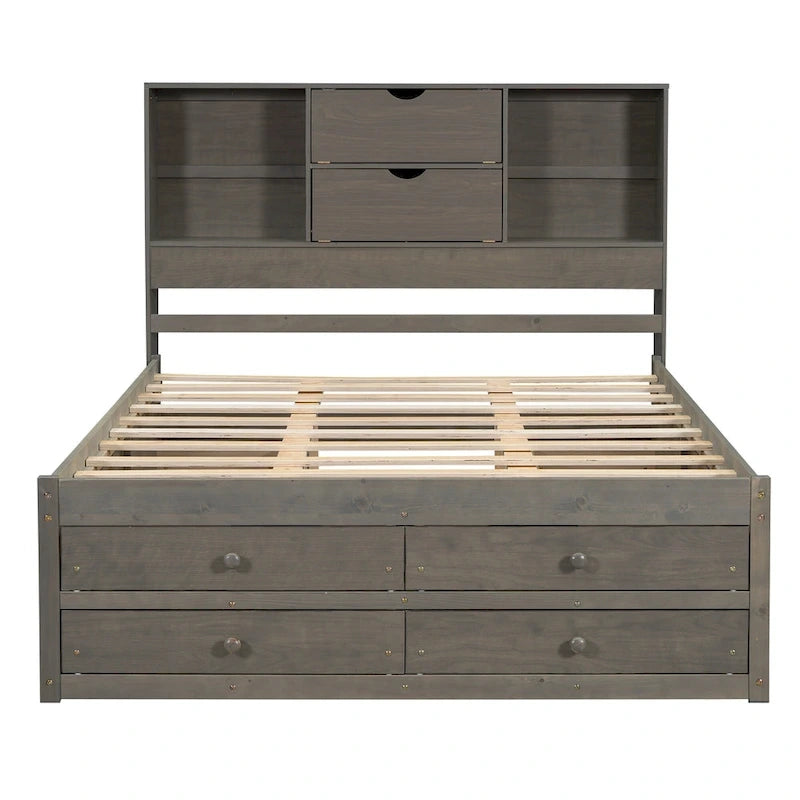 Queen Size Platform Bed with Storage Headboard and 8 Drawers — Pine Wood