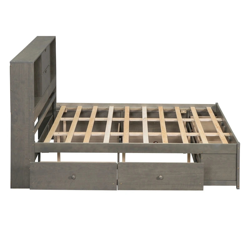 Queen Size Platform Bed with Storage Headboard and 8 Drawers — Pine Wood