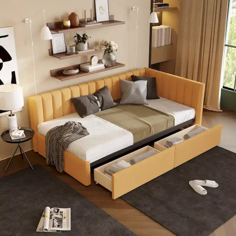 Twin Linen Upholstered Daybed with 2 Storage Drawers and Wood Slat Support