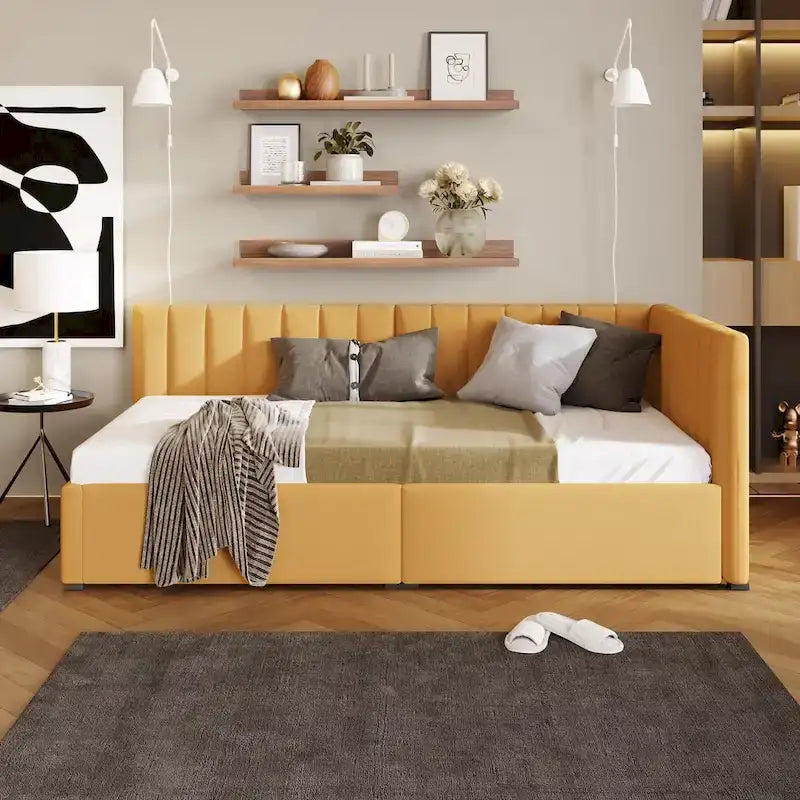 Twin Linen Upholstered Daybed with 2 Storage Drawers and Wood Slat Support