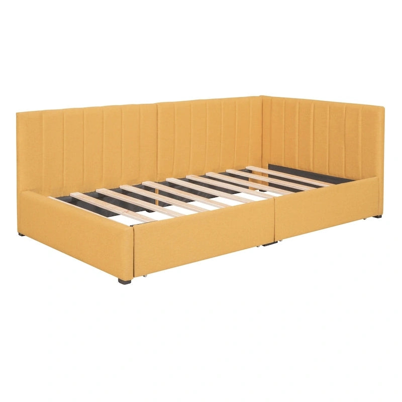 Twin Linen Upholstered Daybed with 2 Storage Drawers and Wood Slat Support