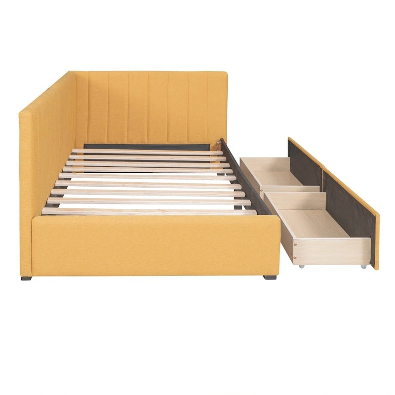 Twin Linen Upholstered Daybed with 2 Storage Drawers and Wood Slat Support