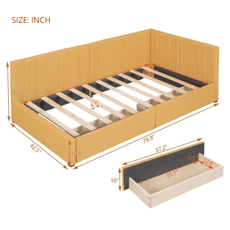 Twin Linen Upholstered Daybed with 2 Storage Drawers and Wood Slat Support